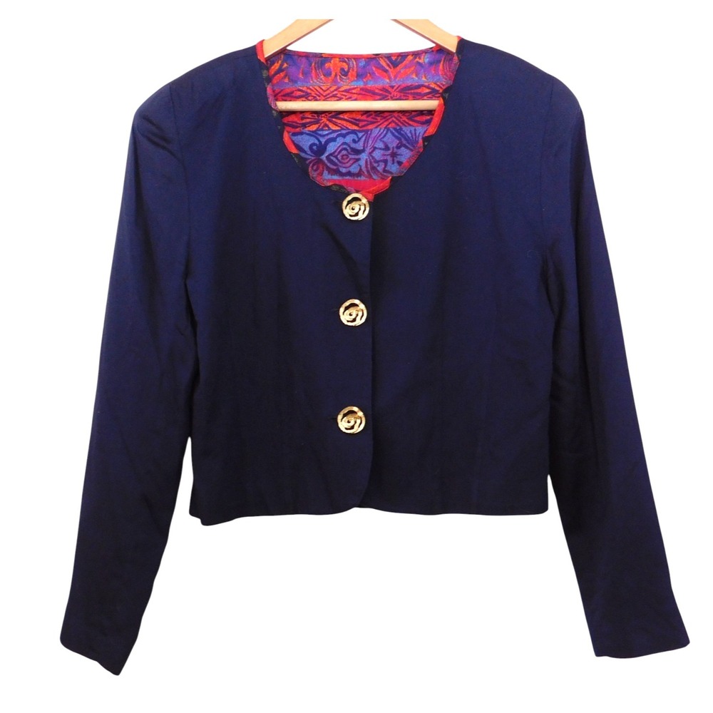 Vintage 90s Women's Cropped Jacket Buttons Funky Lagenlook Blue Print Size Small